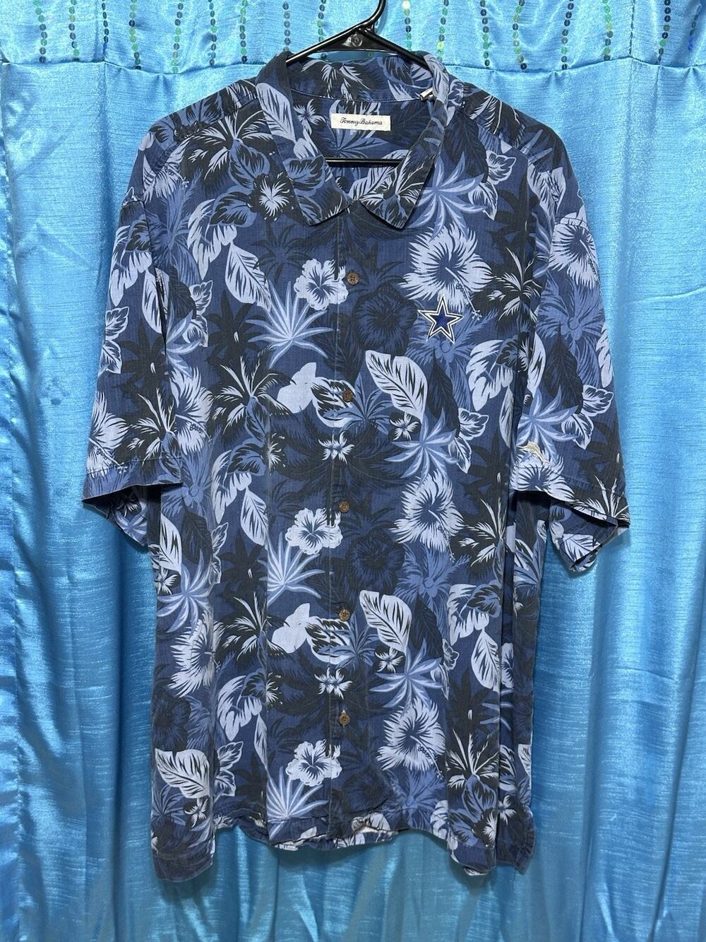 Tommy Bahama Hawaiian Shirt 100% Silk Blue Floral Pattern 3XL Dallas Cowboy Star